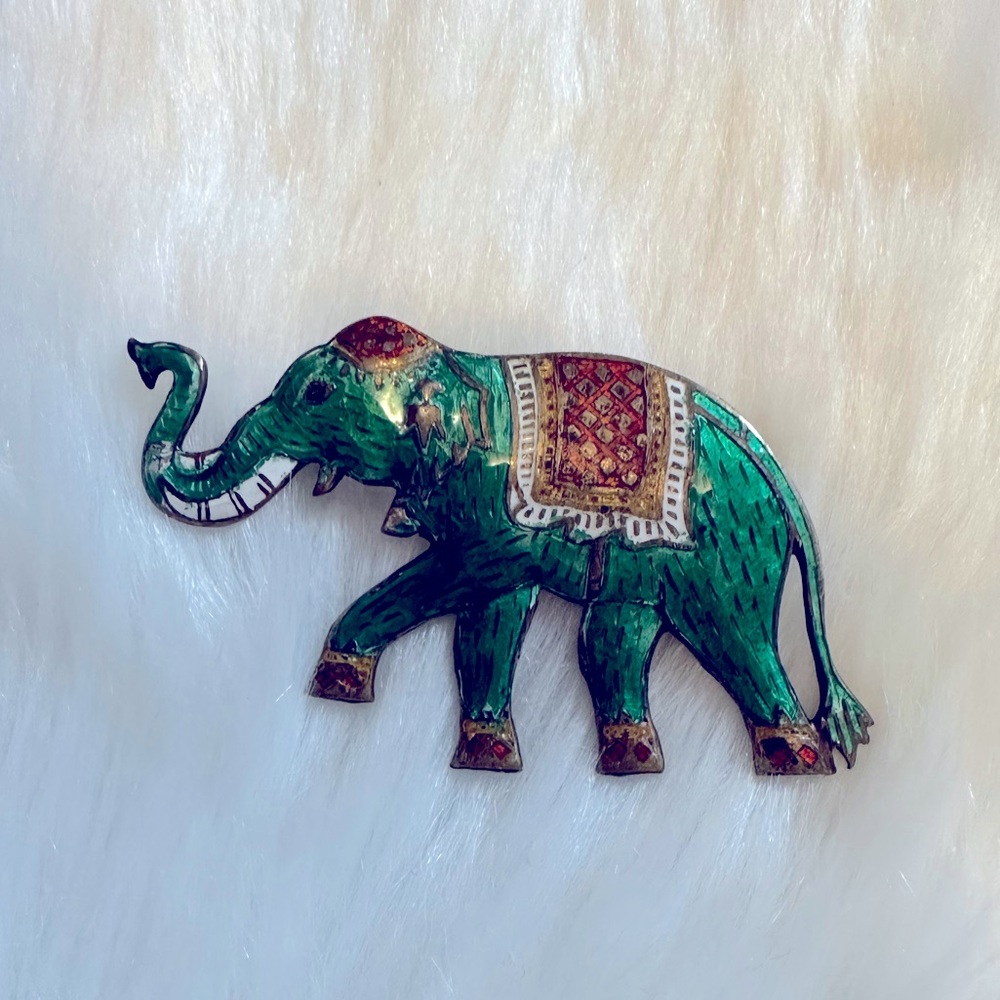 Vintage Sterling silver colorful elephant brooch India